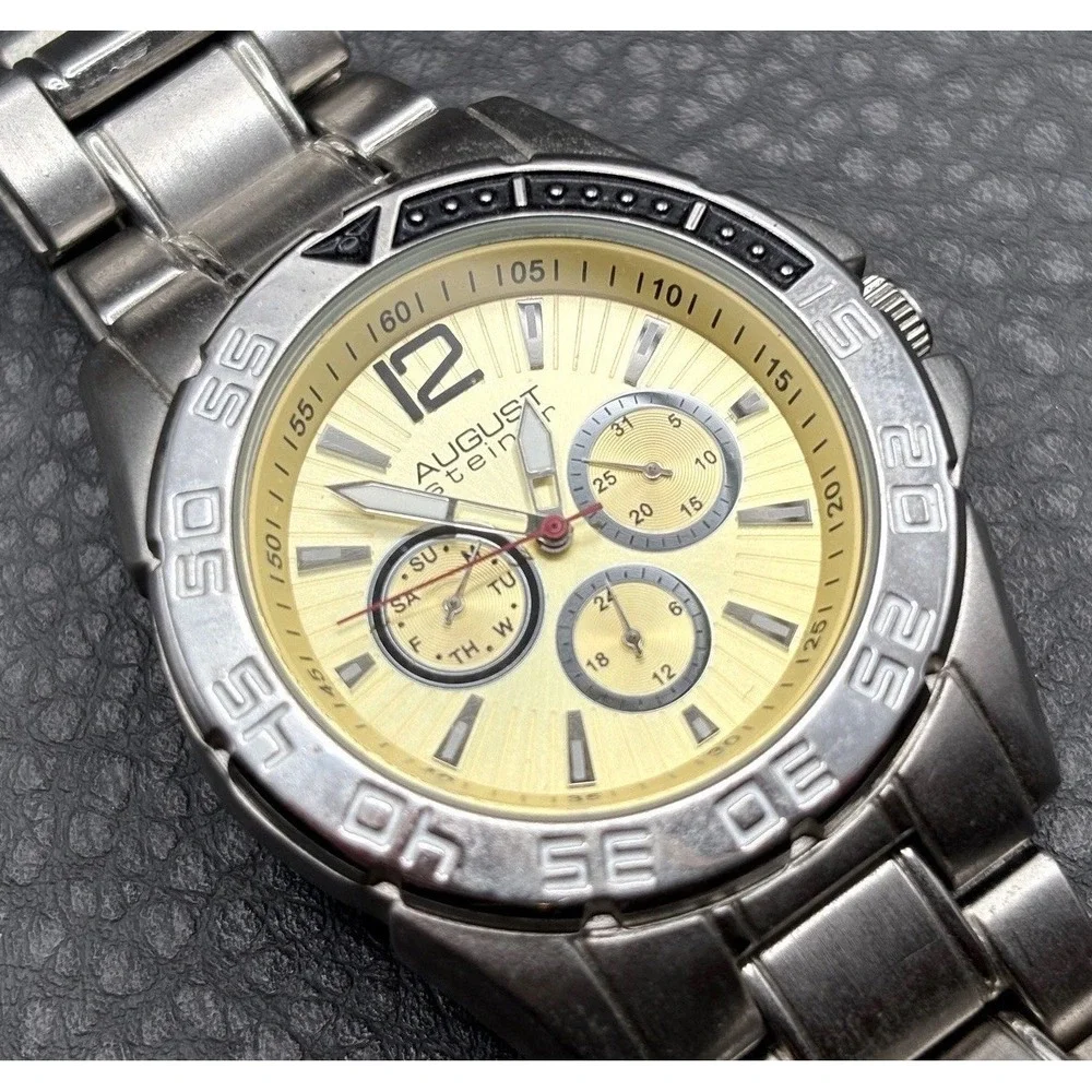 August Steiner Men's Stainless Steel Chronograph Watch Works - NEW BATTERY